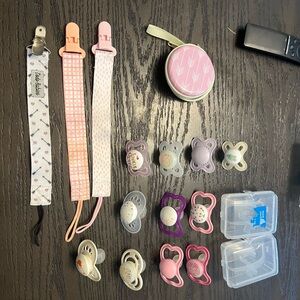 Huge Mam Pacifier Lot with Sanitizer Box, Clips and More!